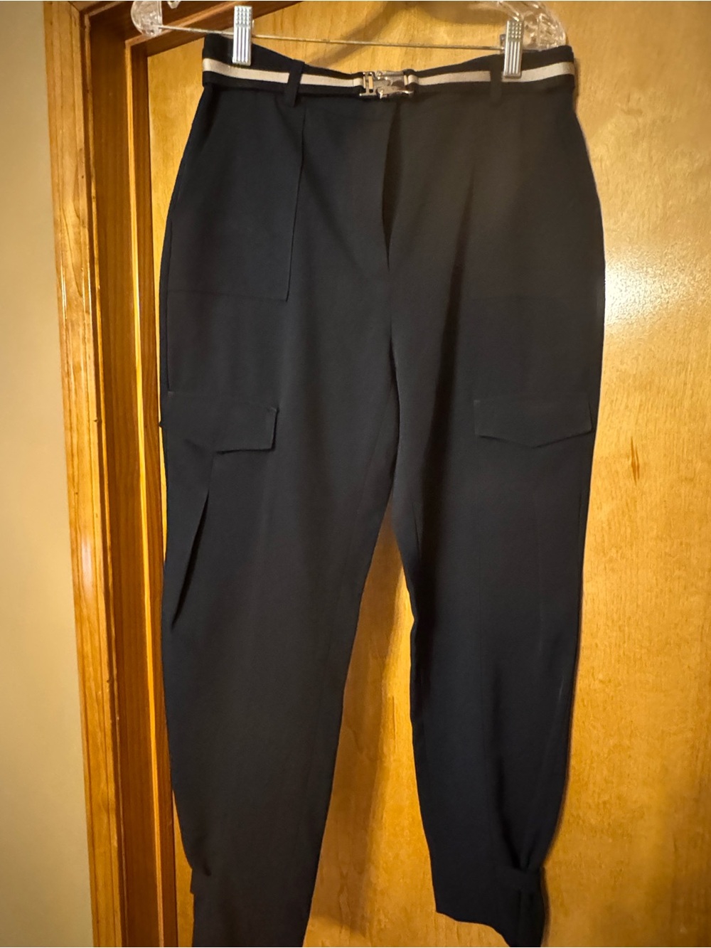 Women's Black Cargo Joggers with Stripe Belt Detail